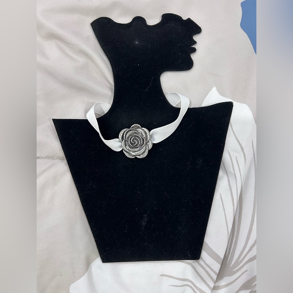 White Ribbon w/ Metal Flower Charm • Handmade •